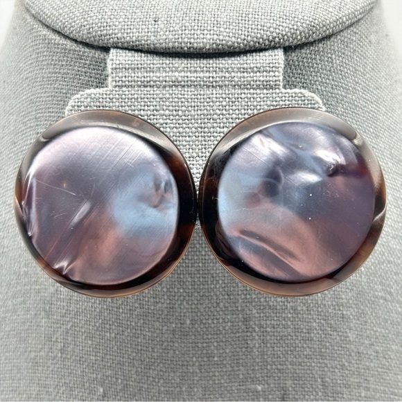 Vintage 80s Statement Purple Shiny Metallic Pierced Stud Earrings Acrylic Brown - Picture 1 of 9